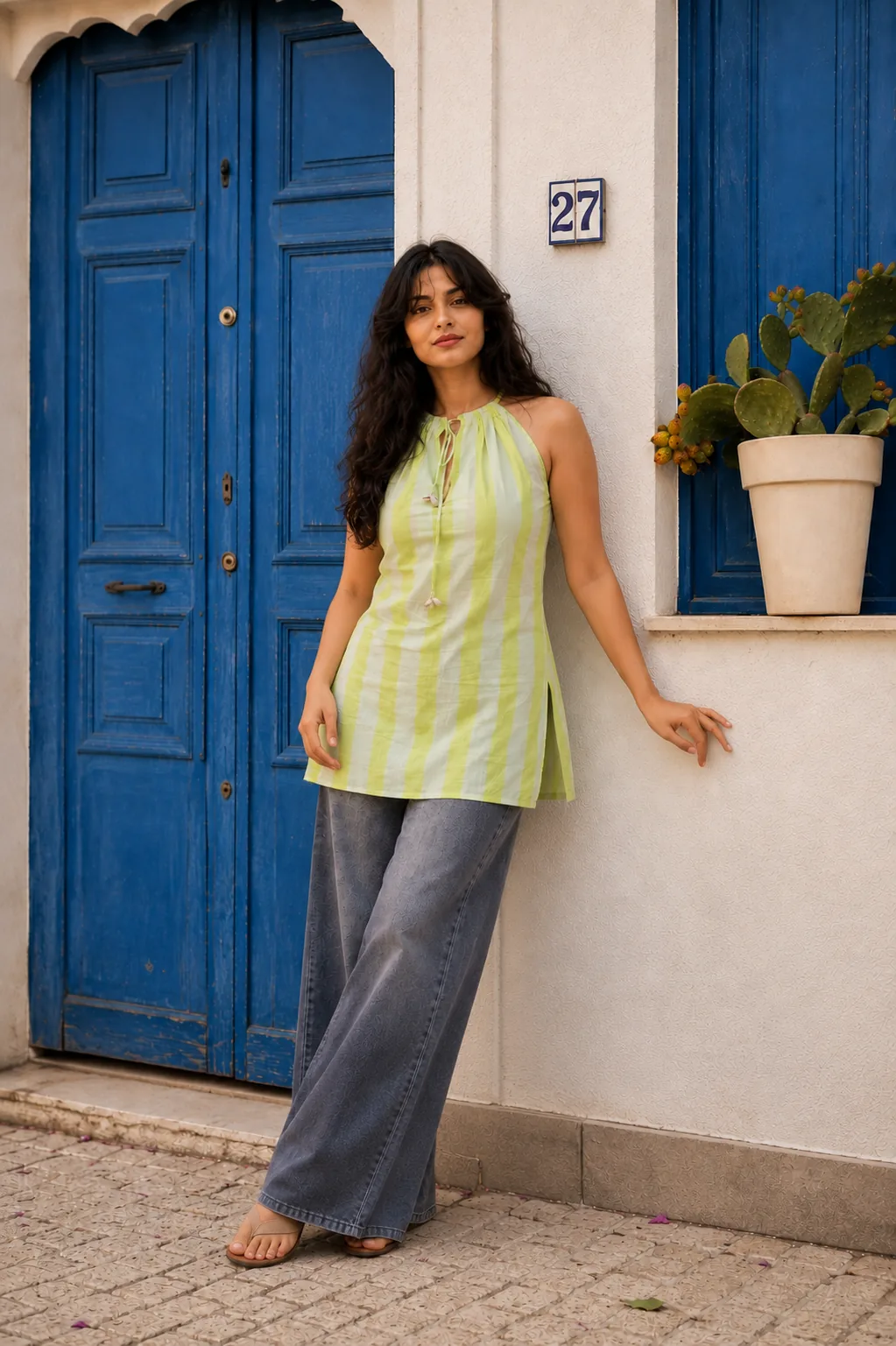Pistachio Breeze Halter-Neck Kurti - 100% Cotton