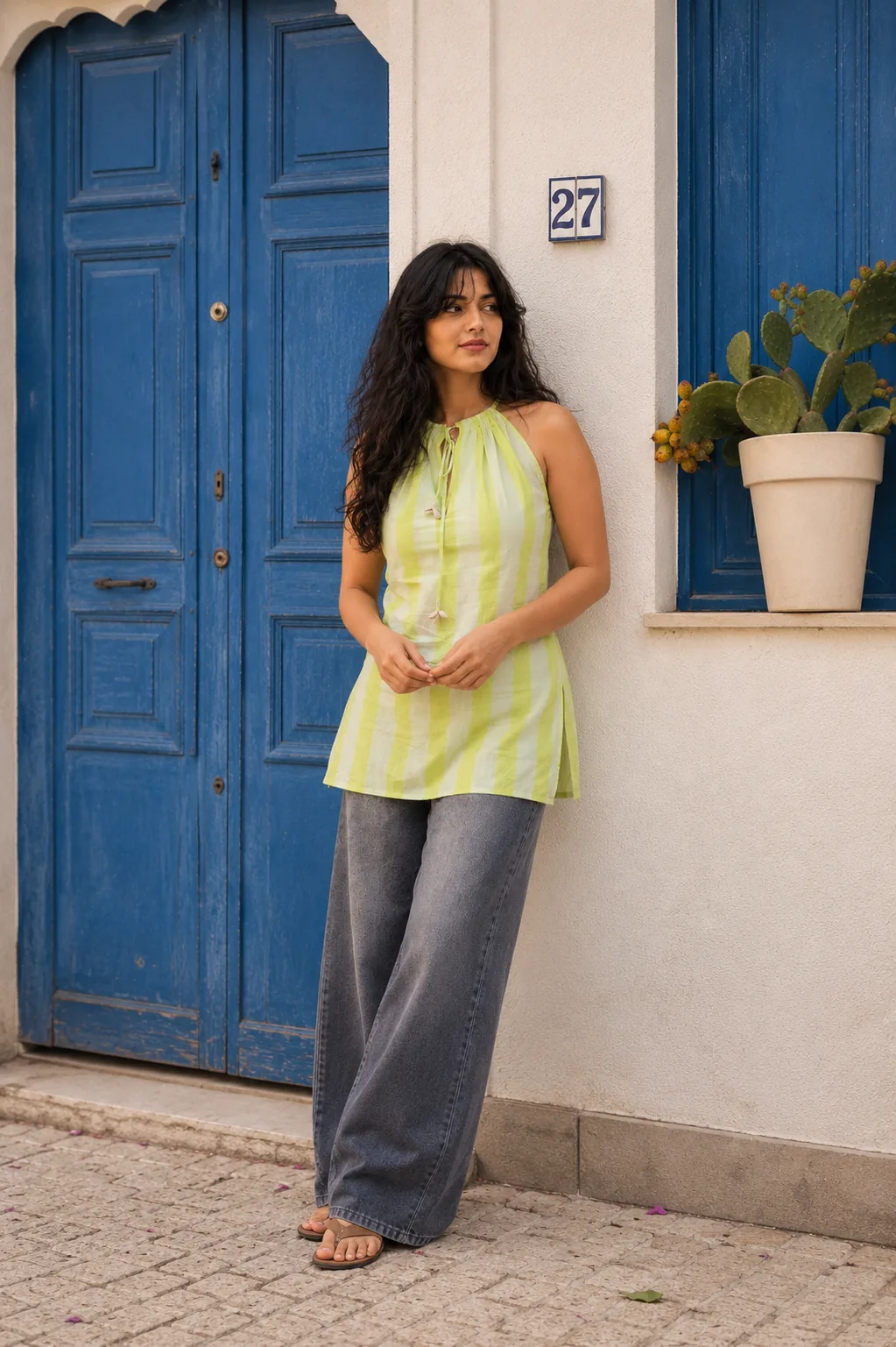 Pistachio Breeze Halter-Neck Kurti - 100% Cotton