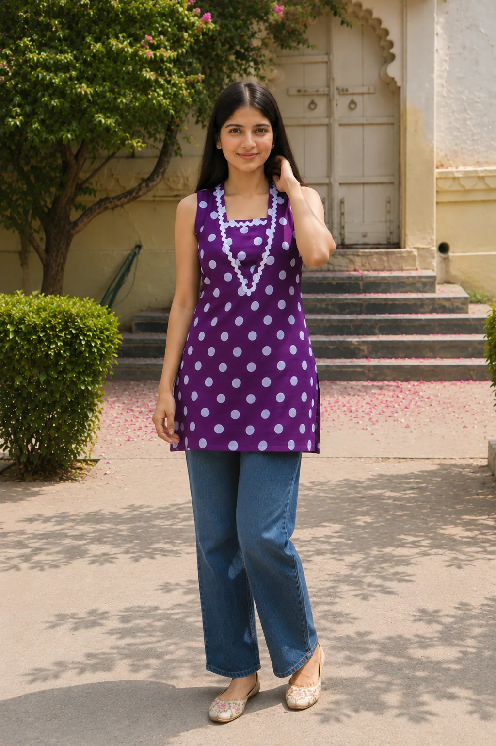 Purple Polka dot Kurti - 100% Cotton
